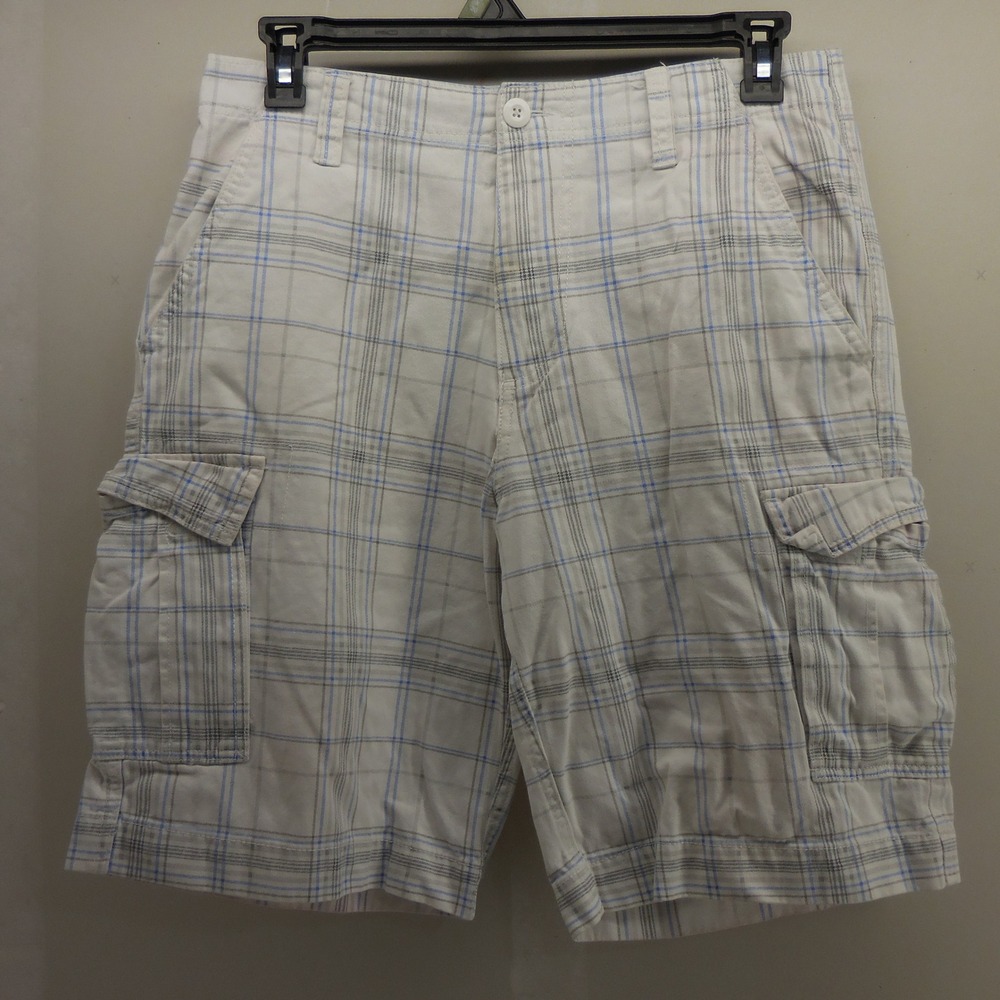 Plugg Mens Plaid Cargo Shorts White Blue Grey Cotton Size 32 Utility Casual
